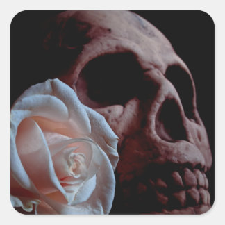 Romance - Skull and Peach Rose Square Sticker
