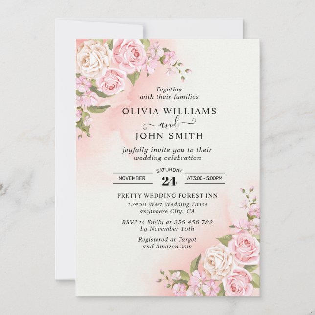 Romance Vintage Pink Rose white Background Invitat Invitation (Front)