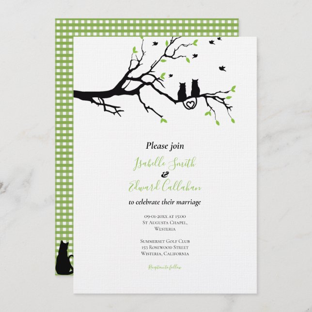 Romancing Black Cats In Tree Green Gingham Wedding Invitation (Front/Back)
