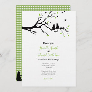 Romancing Black Cats In Tree Green Gingham Wedding Invitation