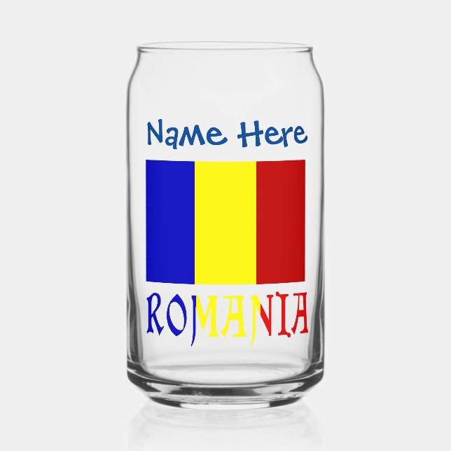 Romania and Romanian Flag Blue Personalisation  Can Glass (Front)
