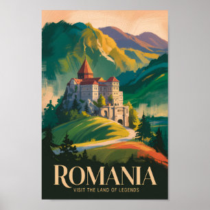 Romania Castle Landscape Illustration Travel Art Poster