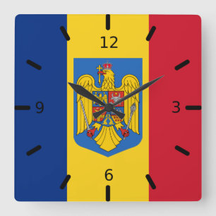Romania flag-coat of arms   square wall clock
