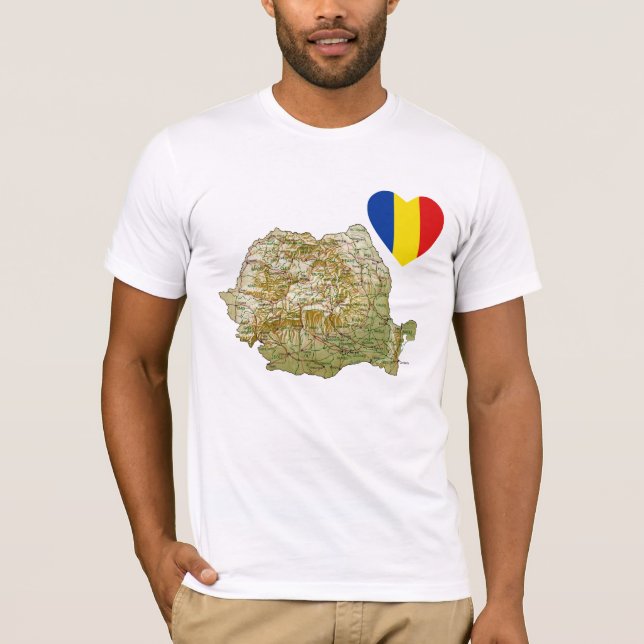 Romania Flag Heart and Map T-Shirt (Front)