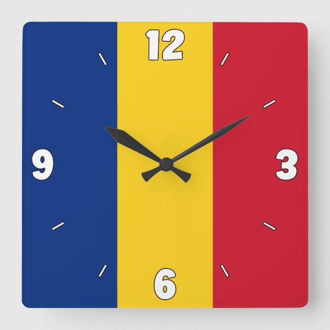 Romania Flag Numbers Blue Yellow Red Square Wall Clock (Front)