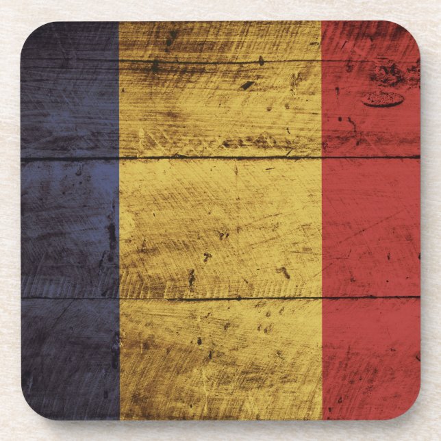 Romania Flag on Old Wood Grain Coaster (Front)