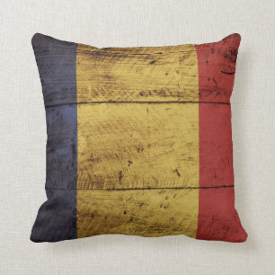 Romania Flag on Old Wood Grain Cushion