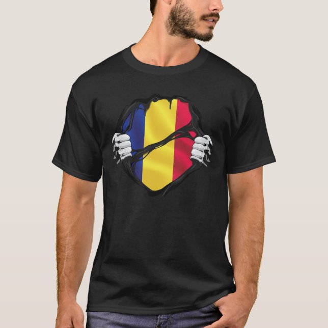 Romania Pure Roots Flag Black T-Shirt (Front)