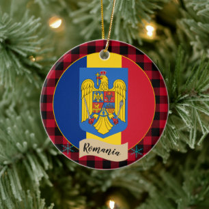 Romania, Red buffalo plaid & Romanian Flag Ceramic Ornament