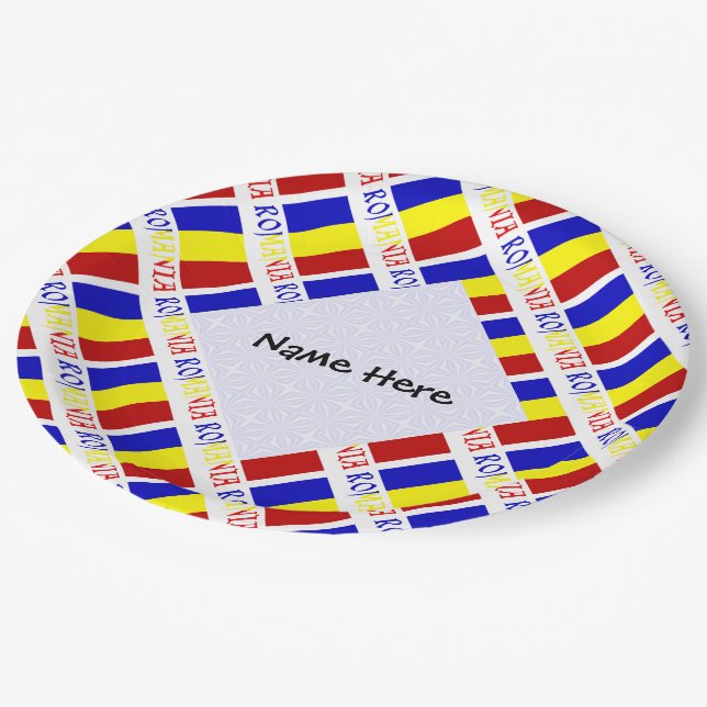 Romania Romanian Flag Titled Black Personalisation Paper Plate (Angled)