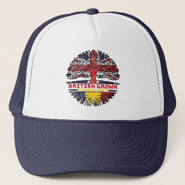 Romania Romanian Uk United Kingdom British Tree Trucker Hat (Front)