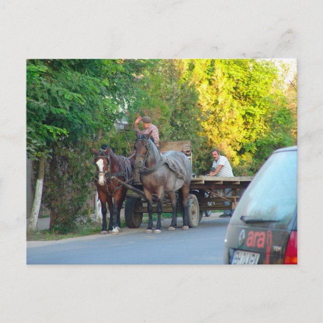 Romania, transport ancient and modern postcard (Front)
