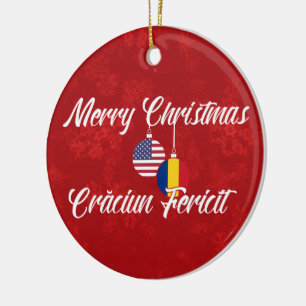 Romanian American Bilingual Merry Christmas Ceramic Ornament
