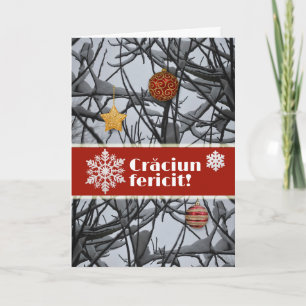 Romanian Christmas Ornaments on Snowy Branches Holiday Card