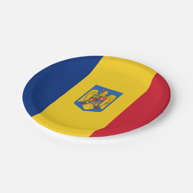 Romanian flag-coat arms paper plate (Angled)