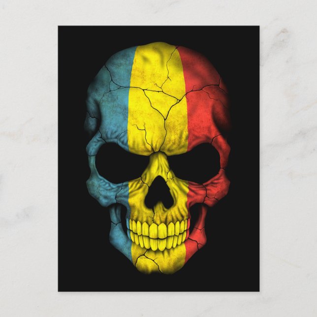 Romanian Flag Skull on Black Postcard (Front)