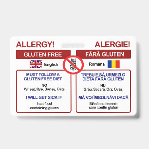 ROMANIAN Gluten Free Travel Card   Allergy Badge ID Badge