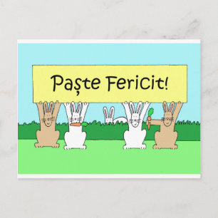 Romanian Happy Easter, Cartoon Bunnies. Holiday Postcard