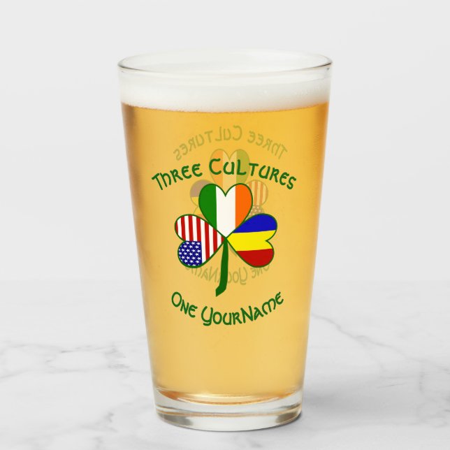 Romanian Irish American Flags Shamrock Personalise Glass (Front Filled)