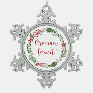 Romanian Merry Christmas Wreath, Crăciun fericit Snowflake Pewter Christmas Ornament