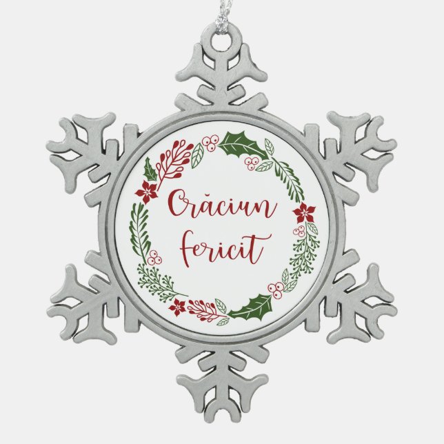 Romanian Merry Christmas Wreath, Crăciun fericit Snowflake Pewter Christmas Ornament (Front)