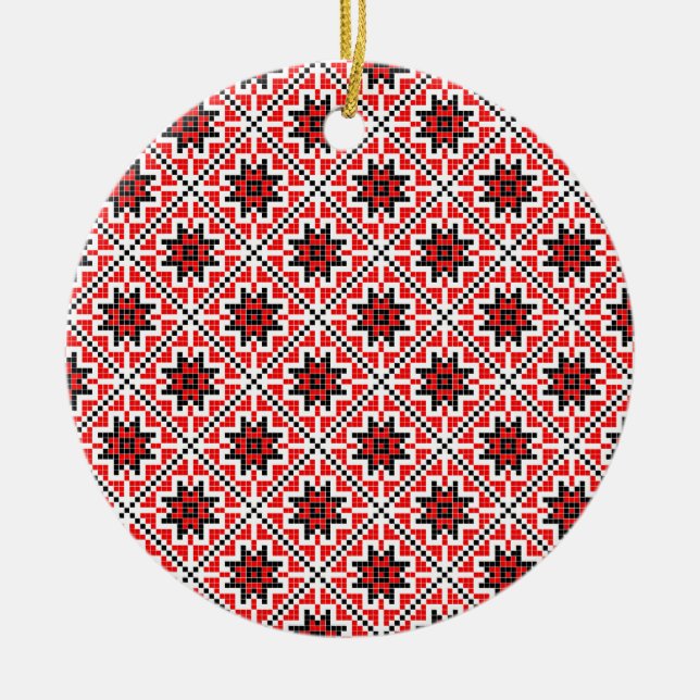 romanian traditional ethnic costume motif seamless ceramic tree decoration (Front)