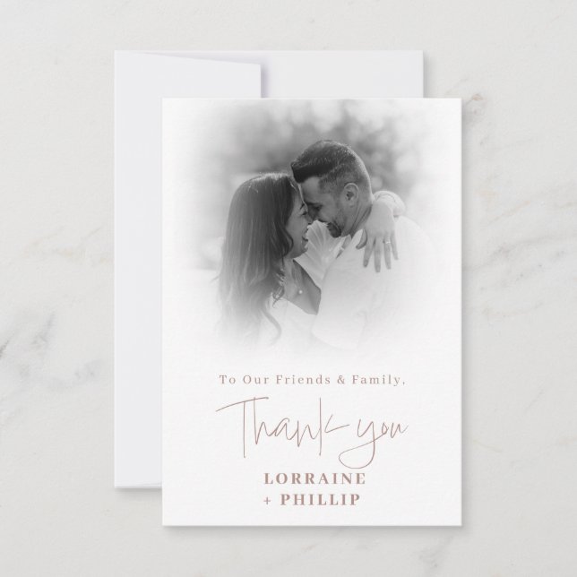 Romanic script colour photo gradient wedding thank you card (Front)