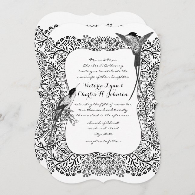 Romanitc Hummingbird Black and White Pattern Invitation (Front/Back)