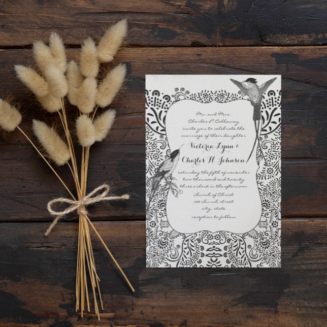 Romanitc Hummingbird Black and White Pattern Invitation (Creator Uploaded)