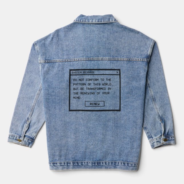 Romans 12:2 Black and White Computer Alert Window Denim Jacket (Back)