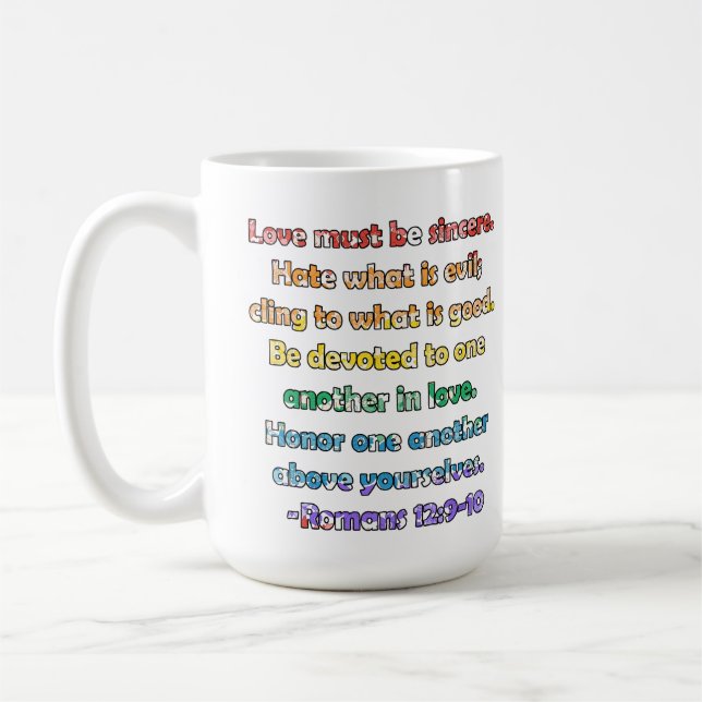 Romans 12:9-10 Bible Verse Coffee Mug (Left)