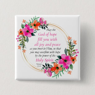 Romans 15:13 - God of Hope Bible Verse Floral 15 Cm Square Badge