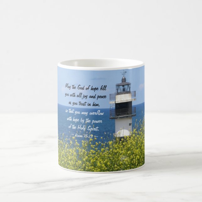 Romans 15:13 God of Hope, Lighthouse Coffee Mug (Center)