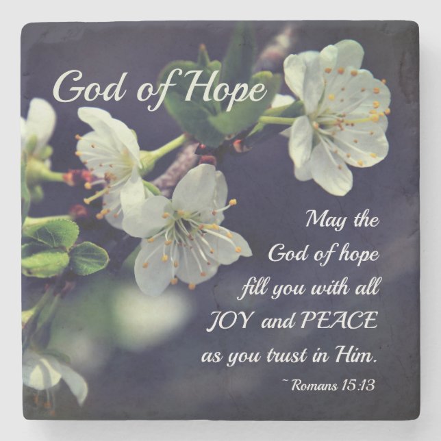Romans 15:13 God of Hope White Flowers Stone Coaster (Front)