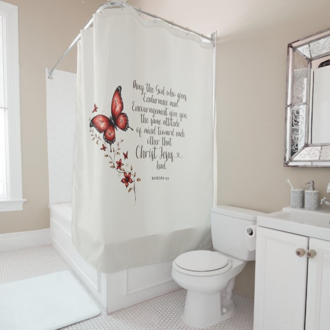 Romans 15:5 Bible Verse Image Shower Curtain (In Situ)