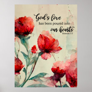 Romans 5:5 God's Love Bible Verse Red Floral Poster
