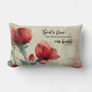 Romans 5:5 God's Love Bible Verse Red Pink Flowers Lumbar Cushion