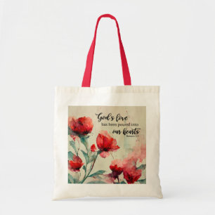 Romans 5:5 God's Love Bible Verse Red Pink Flowers Tote Bag