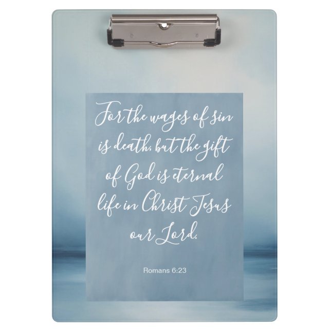 Romans 6:23 Bible Verse Image Spiral Notebook Clipboard (Front)
