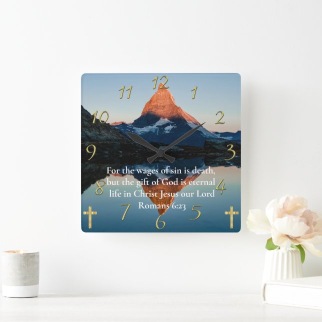 Romans 6:23 Christian Faith moutain lake view  Square Wall Clock (Home)