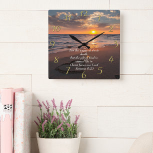 Romans 6:23 Christian Faith ocean with a sunset   Square Wall Clock
