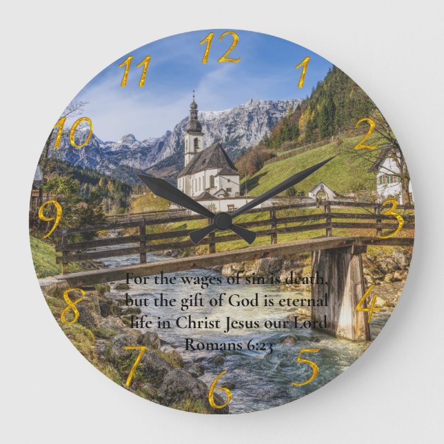 Romans 6:23 church near the moutain with river   large clock (Front)