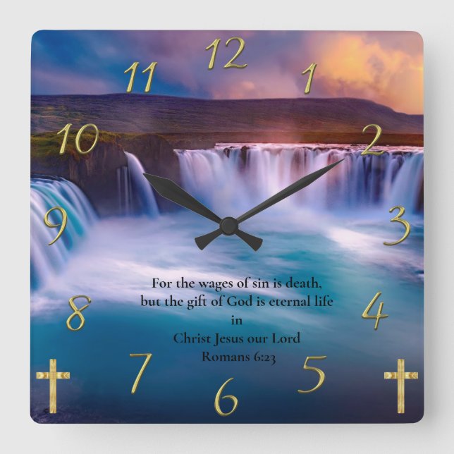  Romans 6:23 Gold Christian Faith Prayer   Square Wall Clock (Front)