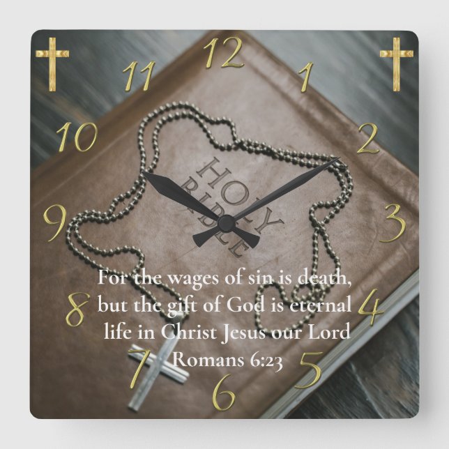 Romans 6:23 Holy Bible with silver cross on it  Square Wall Clock (Front)