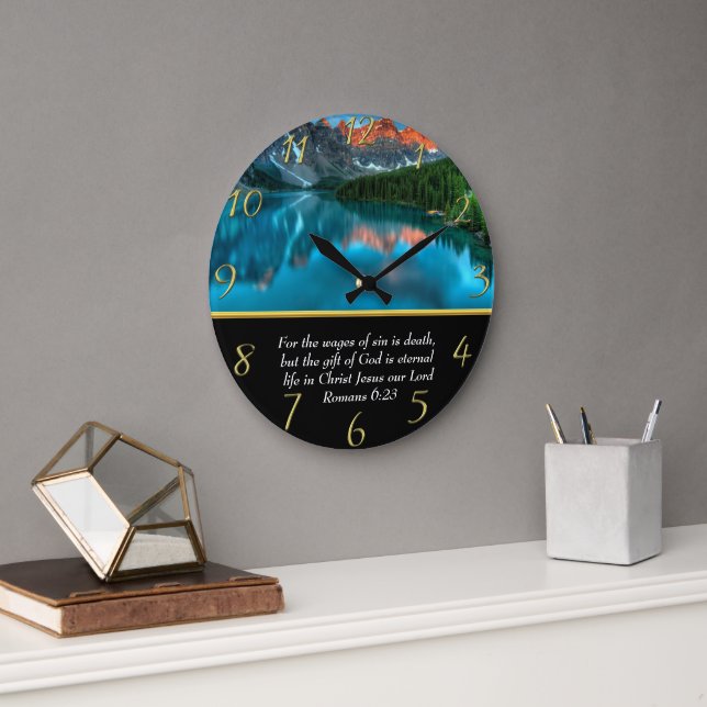 Romans 6:23 moutain lake  gold large clock (Office)