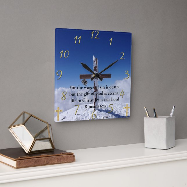 Romans 6:23 moutain peak cross  square wall clock (Office)