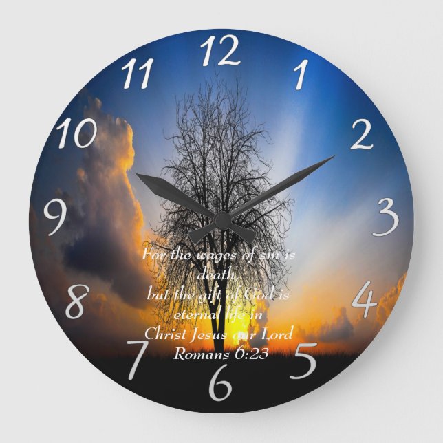  Romans 6:23  tree in a field with blue sky  Large Clock (Front)