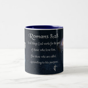 Romans 8:28 Christian Bible verse Two-Tone Coffee Mug