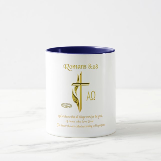 Romans 8:28 Christian mugs (Center)