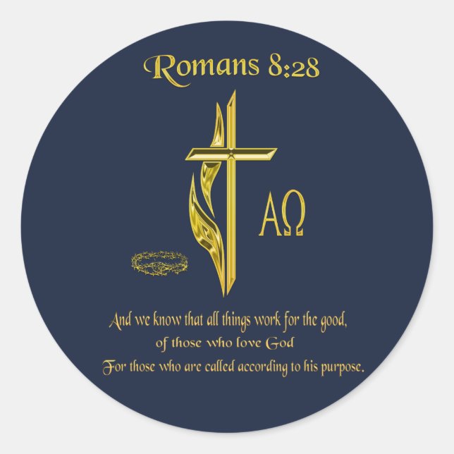 Romans 8:28 Christian stickers (Front)
